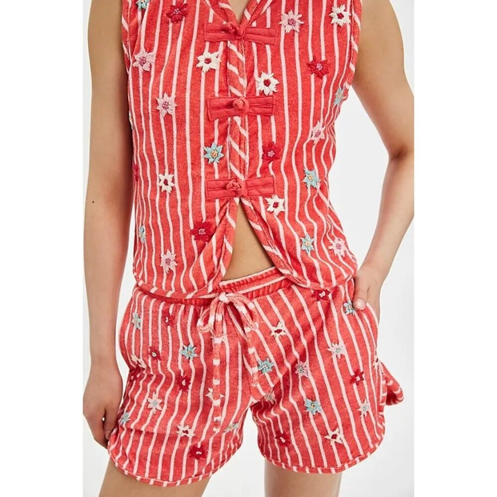Tach Bonnie Danica Shorts Set Womens L Floral Embroidered Retro Terry Cloth